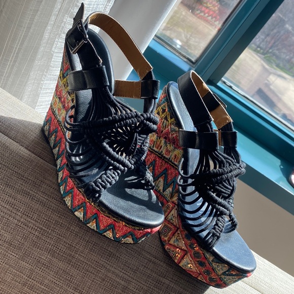 Ethnic Beaded Embroidery Sky High 5 1/2” Boho Wedge with Jute Rope Straps - 8 - Picture 3 of 16